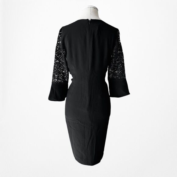 Vintage Y2K Black Long Lace Bell Sleeves Knee Length Cocktail Shift Dress Size M - Picture 5 of 7